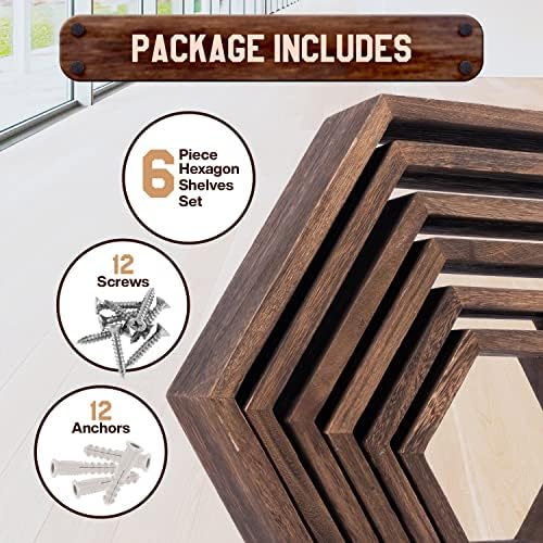 6 חלקים - מדפי משושה סט | מדפי עץ צפים של חלת דבש | אפשרות מדף תלויה נהדרת לעיצוב קיר בבית או משרדים -